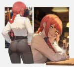  @_@ alcohol ass back beer black_necktie chainsaw_man counter hand_on_own_face hand_on_own_hip highres huge_ass long_sleeves makima_(chainsaw_man) necktie photo_background ponytail redhead shirt sin_(sintrybest) smile white_shirt yellow_eyes 