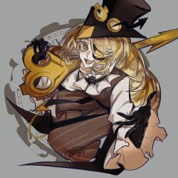  1girl :d @_@ alternate_skin_color arrow_(symbol) black_gloves black_hat blonde_hair brown_pants brown_vest chain chinese_commentary colored_eyelashes commentary_request cookie_run cookie_run:_ovenbreak eyepatch frilled_sleeves frills from_above full_body ginata_oc gloves goggles goggles_on_headwear grey_background hands_up hat highres holding holding_key humanization key long_hair long_sleeves looking_at_viewer lower_teeth_only multicolored_hair one_eye_covered open_mouth orange_hair pants pinstripe_pants pinstripe_pattern reaching reaching_towards_viewer shirt simple_background smile solo streaked_hair teeth timekeeper_cookie tongue top_hat two-tone_hair very_long_hair vest white_eyelashes white_shirt yellow_eyes 