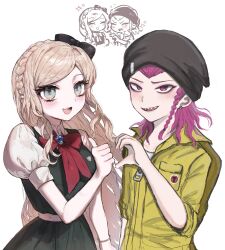  1girl :d black_bow black_hat blonde_hair bow bowtie braid breasts danganronpa_(series) danganronpa_2:_goodbye_despair dress earrings gem green_dress hair_bow hat heart_hands_failure highres jewelry jumpsuit large_breasts long_hair medium_hair multiple_views pink_hair puffy_sleeves red_bow red_bowtie shirt short_sleeves simple_background smile sonia_nevermind white_background yellow_jumpsuit yomo_ma_ni 