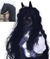  1girl aegyo_sal animal animal_ears arms_at_sides black_hair black_horse bow bowtie brooch closed_mouth commentary creature_and_personification dark-skinned_female dark_skin double-parted_bangs ear_ornament english_commentary eyelashes hair_between_eyes highres horse horse_ears horse_girl jewelry kzupu lips long_hair long_hair_between_eyes looking_at_viewer mole mole_under_eye mole_under_mouth multiple_moles narrowed_eyes nose orange_eyes original personification photo_inset puffy_short_sleeves puffy_sleeves purple_bow purple_bowtie purple_shirt realistic reference_inset school_uniform shirt short_sleeves simple_background solo summer_uniform tracen_school_uniform umamusume upper_body very_dark_skin very_long_hair wavy_hair white_background 