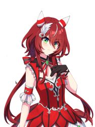  1girl animal_ears black_gloves blush breasts closed_mouth dress ear_covers ear_ornament feather_hair_ornament feathers gloves green_eyes hair_between_eyes hair_ornament highres horse_ears horse_girl horse_tail long_hair looking_at_viewer low_twintails neko_reina red_dress red_hair simple_background sleeveless sleeveless_dress small_breasts solo tail twintails umamusume upper_body white_background win_variation_(dramatic_tutu)_(umamusume) win_variation_(umamusume) 