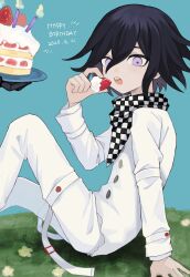  2boys android arm_support birthday_cake black_hair blue_background blush cake danganronpa_(series) danganronpa_v3:_killing_harmony dated food grass hair_between_eyes happy_birthday highres holding holding_plate k1-b0 long_sleeves looking_at_viewer male_focus multiple_boys oma_kokichi open_mouth pants plate sebon_(sebochin) short_hair sitting teeth tongue upper_teeth_only violet_eyes white_pants 