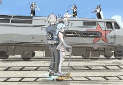  1girl firing grand_theft_auto:_san_andreas machine_pistol medium_hair multiple_boys parody seed_(zenless_zone_zero) short_hair submachine_gun train wise_(zenless_zone_zero) zenless_zone_zero 