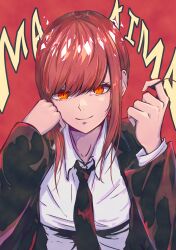  1girl absurdres black_coat black_necktie chainsaw_man character_name closed_mouth coat collared_shirt commentary_request cord_pull hands_up highres karan_koron100 long_sleeves looking_at_viewer makima_(chainsaw_man) medium_hair necktie open_clothes open_coat orange_eyes pull_cord red_background red_hair ringed_eyes shirt sidelocks smile solo swept_bangs upper_body white_shirt 