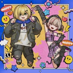  1boy 1girl absurdres alternate_headwear arm_belt arm_strap arm_up bare_shoulders belt belt_buckle black_arm_warmers black_belt black_bow black_collar black_headdress black_jacket black_leg_warmers black_leggings black_shorts black_straps blonde_hair blue_border blue_hood blunt_bangs blush boots border bow buckle caution chain chain_bracelet chain_necklace closed_eyes clothes_writing collar collarbone colored_inner_hair crop_top cross-laced_clothes cross-laced_top drawstring fangs fingerless_gloves full_body gloves green_eyes grey_hair hair_bow hair_intakes hair_ornament hair_over_one_eye hairclip hand_on_own_hip hands_up harness highres hood hood_down hoodie jacket jewelry jumping lapels leg_belt leg_tattoo leg_warmers leggings legs_folded looking_at_viewer loose_belt maid_headdress makaino_ririmu makaino_ririmu_(6th_costume) midriff miniskirt multicolored_hair multiple_belts necklace nijisanji no_headwear no_jacket notched_lapels o-ring o-ring_collar o-ring_thigh_strap open_belt open_clothes open_jacket open_mouth outside_border outstretched_arm pendant pink_background pink_hair pink_manzyu2 pink_shoes pink_skirt plaid_clothes plaid_skirt pleated_skirt pocket pointy_ears print_hoodie red_eyes shoes short_hair shorts skirt sleeveless sleeves_past_wrists smile solo spiked_collar spikes streaked_hair studded_belt tattoo thigh_strap torn_clothes torn_leggings twisted_torso two_side_up unzipped uzuki_kou uzuki_kou_(5th_costume) v v-shaped_eyebrows virtual_youtuber white_boots white_hoodie winged_heart winged_heart_tattoo wolf_cut yellow_background yellow_trim zipper_top 