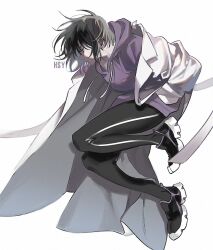 1girl black_hair bob_cut character_name coat full_body half-closed_eye han_sooyoung hands_in_pockets hinizana hood hood_down hoodie jumping knees_together_feet_apart legs_up omniscient_reader&#039;s_viewpoint open_clothes open_coat purple_hoodie shoes short_hair sneakers solo white_coat wind 