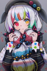 1girl :t beret bow closed_mouth grabbing_own_hair grey_background hairband hat heterochromia highres holding holding_own_hair jogasaki_noah lolita_hairband long_sleeves looking_at_viewer looking_to_the_side magical_girl mahou_shoujo_no_majo_saiban multi-tied_hair multicolored_hair polka_dot polka_dot_bow pout solo streaked_hair sulking unhappy upper_body v-shaped_eyebrows watermark white_hair yokuto 