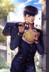  1boy bag blue_jacket blue_pants blue_sky candy closed_mouth commentary_request diamond_wa_kudakenai earrings food higashikata_josuke highres holding holding_candy holding_food holding_lollipop jacket jewelry jojo_no_kimyou_na_bouken kdash leaf lollipop looking_at_viewer male_focus outdoors pants pompadour school_uniform shirt short_hair sky smile solo yellow_shirt 