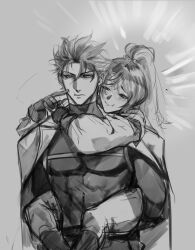  1boy 1girl :t abs absurdres arm_around_leg arm_around_neck blush broken_sword_(shadow_slave) carrying coat coat_on_shoulders commentary cowboy_shot english_commentary gloves hetero high_ponytail highres light_rays logicsterrr looking_to_the_side muscular muscular_male narrowed_eyes open_clothes open_coat pectorals piggyback ponytail shadow_slave short_hair smile_of_heaven smirk spiky_hair unamused 