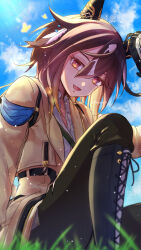  1girl absurdres animal_ears black_boots black_hair black_pants blue_sky boots brown_eyes brown_hair bug butterfly coat ear_covers grass hair_between_eyes highres horse_ears horse_girl knee_up long_hair looking_at_viewer multicolored_hair open_mouth outdoors pants ri_ri_0818 shirt sitting sky smile solo stay_gold_(umamusume) streaked_hair umamusume white_hair white_shirt yellow_coat 