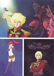 2boys 2girls absurdres aiming aiming_at_viewer beam_rifle bindi blonde_hair blue_eyes char&#039;s_deleted_affair char_aznable dark_skin dress energy_gun epaulettes gelgoog_s_char_custom green_eyes gundam haman_karn highres indian_clothes kitazume_hiroyuki lalah_sune machinery mecha military_uniform mobile_suit mobile_suit_gundam multiple_boys multiple_girls official_art one-eyed pink_hair radio_antenna robot scan science_fiction scope shield thigh-highs traditional_media tunic weapon zeon 