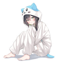  1girl absurdres barefoot black_hair blush character_hood chiikawa colored_inner_hair commentary_request from_side full_body green_eyes hachiware_(chiikawa) highres hood hugging_own_legs knees_up long_hair long_sleeves looking_at_viewer looking_to_the_side multicolored_hair onesie original parted_lips raodu simple_background sitting solo white_background 