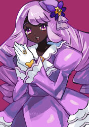  1girl anidler91 black_skin colored_skin dress gloves hair_ornament highres jacinthe_(pokemon) looking_at_viewer pink_dress pink_hair pokemon pokemon_legends:_z-a solo violet_eyes white_gloves 