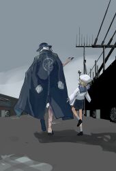  2boys black_shoes blue_shorts condenser_unit edmond_dantes_(fate) edmond_dantes_(monte_cristo_selection)_(fate) fate/grand_order fate_(series) fedora from_behind full_body hat highres jacket jacket_on_shoulders leaning_back long_sleeves male_focus marine_nemo_(fate) medium_hair multicolored_hair multiple_boys nemo_(fate) power_lines print_jacket royst sailor_collar sailor_hat scar shadow shirt shoes shorts socks striped_sleeves two-tone_hair utility_pole walking white_hair white_shirt white_socks wide_sleeves 