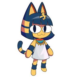  &lt;o&gt;_&lt;o&gt; 1girl :3 ancient_egyptian ancient_egyptian_clothes animal_crossing animal_ears ankha_(animal_crossing) bare_shoulders black_eyes blue_arm_warmers blue_hair blue_leg_warmers blunt_bangs blunt_ends bob_cut body_fur cat_ears cat_girl cat_tail chibi chibi_only colored_skin commentary dress english_commentary furry furry_female fusion hair_ornament highres leg_warmers looking_at_viewer melty_blood neco-arc short_hair sleeveless sleeveless_dress slit_pupils snake_hair_ornament solo standing striped_tail stubby_(stubbydrawings) tail tail_raised tsukihime uraeus usekh_collar white_dress yellow_fur yellow_skin 