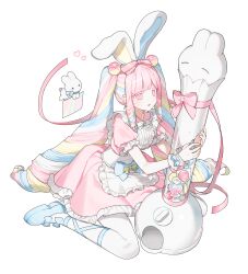  1girl absurdres animal_ear_hairband animal_ears apron blonde_hair blue_bow blue_hair blue_ribbon blue_shoes blunt_bangs bow bowtie candy candy_dispenser collar colored_eyelashes commentary curly_sidelocks double-parted_bangs dress english_commentary fake_animal_ears food food-themed_hair_ornament footwear_bow footwear_ribbon frilled_apron frilled_collar frilled_dress frilled_sleeves frills full_body hair_bow hair_ornament hairband heart heart-shaped_pupils highres lollipop long_hair long_sidelocks looking_at_object multicolored_hair nanagom original oversized_object pantyhose parted_lips pastel_colors pink_bow pink_dress pink_eyes pink_hair pink_ribbon puffy_short_sleeves puffy_sleeves rabbit rabbit_ear_hairband rabbit_ears ribbon ringlets shoes short_sleeves sidelocks simple_background sitting solo symbol-shaped_pupils twintails very_long_hair waist_apron wariza white_apron white_background white_bow white_bowtie white_hair white_pantyhose white_rabbit_(animal) yellow_bow 