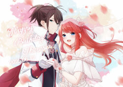  1boy 1girl absurdres blue_eyes blush bridal_veil bride brown_hair capelet couple dated dress falling_petals flower gloves green_eyes hair_flower hair_ornament happy_birthday hetero highres holding_hands jacket long_hair looking_at_viewer off-shoulder_dress off_shoulder open_mouth petals ponytail rain_re_a re:zero_kara_hajimeru_isekai_seikatsu red_hair rose smile theresia_van_astrea veil wedding wedding_dress white_dress white_gloves white_jacket wilhelm_(re:zero) 