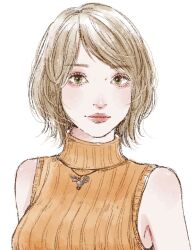  1girl ashley_graham blonde_hair breasts commentary green_eyes hashtag-only_commentary highres illust2222 jewelry large_breasts lips medium_hair necklace pink_lips resident_evil resident_evil_4 resident_evil_4_(remake) sleeveless sleeveless_turtleneck smile solo turtleneck upper_body 