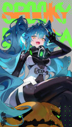  ahoge alternate_costume arm_up bianca_(black_survival) black_bodysuit black_survival blue_hair bodysuit breasts cross cross-shaped_pupils cross_print crossed_legs ddollydonut english_commentary english_text eternal_return:_black_survival fang feet_out_of_frame fingernails green_nails green_pupils hair_between_eyes highres korean_commentary large_ribbon long_hair mask mask_around_neck mixed-language_commentary multicolored_bodysuit nail_polish open_mouth pumpkin red_eyes respirator sitting symbol-shaped_pupils two-tone_bodysuit very_long_hair white_bodysuit 