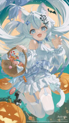  1girl animal_ear_fluff animal_ears artist_name ascot basket black_shoes blue_eyes candy candy_cane cat_ears cat_girl cat_tail chinese_commentary claw_pose commentary_request commission copyright_notice detached_sleeves dinyc dress food full_moon green_sky hair_ornament halloween highres holding holding_basket jack-o&#039;-lantern lollipop long_hair looking_at_viewer low-tied_long_hair mary_janes moon open_mouth original outdoors shoes sky smile star_(symbol) star_hair_ornament swimsuit tail thigh-highs very_long_hair white_ascot white_dress white_hair white_thighhighs wrapped_candy 