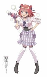  1girl :d anime_coloring artist_request black_boots black_choker blue_eyes blunt_bangs blush boots bubble choker collarbone commentary_request cropped_jacket double_bun dress full_body go-toubun_no_hanayome gradient_nails hair_bun hair_ribbon hand_on_own_hip heart_pendant highres holding_toy_gun jacket leaning_forward looking_at_viewer medium_dress nail_polish nakano_nino open_mouth pendant_choker pink_hair pink_jacket plaid_clothes plaid_dress purple_dress purple_ribbon ribbon short_hair sidelocks simple_background smile solo standing thigh-highs two_side_up white_background white_thighhighs 