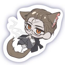  1boy animal_ears bags_under_eyes beard_stubble brown_hair cat_ears cat_tail chibi chibi_only cigar commentary_request crossed_legs curled_up facial_hair glasses gojong0229 gregor_(project_moon) hair_slicked_back highres holding holding_cigar kemonomimi_mode korean_commentary limbus_company looking_at_viewer night_awls_(identity)_(project_moon) official_alternate_costume orange_eyes peg_leg project_moon smoke smoke_trail solo stubble tail 