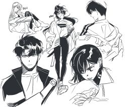  2boys 3girls :| black_hair black_jacket blowing_bubble_gum bob_cut chewing_gum closed_mouth curtained_hair full_body greyscale hands_in_pockets high_ponytail hinizana jacket jacket_partially_removed kim_dokja knees_up looking_at_viewer min_jihyeon_(mimyo) monochrome multiple_boys multiple_girls omniscient_reader&#039;s_viewpoint pants ponytail shirt short_hair sitting striped_clothes striped_pants striped_shirt walking yoo_joonghyuk yoo_sangah 