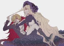  2girls black_boots black_coat black_ribbon blonde_hair boots coat don_quixote_(project_moon) dress dulcinea_(project_moon) gold_trim grabbing_another's_hair hat highres holding_another's_hair jacket juliet_sleeves limbus_company long_hair long_sleeves multiple_girls open_mouth pants parted_bangs project_moon puffy_sleeves purple_dress purple_hat red_eyes ribbon sancho_(project_moon) short_hair simple_background v9sk51z6jxquzom very_long_hair white_background white_jacket white_pants 