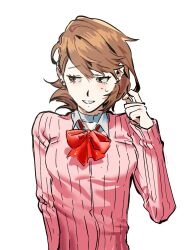  1girl averting_eyes bow bowtie breasts brown_eyes brown_hair cardigan choker collared_shirt commentary_request earrings flipped_hair gekkoukan_high_school_uniform heart heart_choker highres jewelry kettodango korean_commentary light_blush long_sleeves loose_bowtie medium_breasts parted_lips persona persona_3 pink_cardigan playing_with_own_hair red_bow red_bowtie ribbed_cardigan school_uniform shirt short_hair solo straight-on stud_earrings sweatdrop swept_bangs takeba_yukari upper_body white_background white_choker white_shirt 
