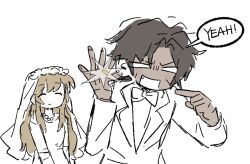  1boy 1girl bow bowtie brown_hair catherine_(project_moon) closed_mouth dark-skinned_male dark_skin dress glint happy heathcliff_(project_moon) hetero husband_and_wife index_finger_raised jewelry limbus_company necklace parted_bangs pearl_necklace project_moon proud ring simple_background sketch smile wedding wedding_ring white_background white_bow white_bowtie white_dress yesheng_zong_ren 