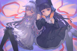  2girls absurdres black_bonnet black_dress black_pantyhose blue_eyes bonnet chest_jewel commentary dress frilled_dress frills gem gothic_lolita gradient_hair grey_dress grey_hair grey_pantyhose highres holding_hands hololive hololive_english interlocked_fingers kiwwwwwi koseki_bijou lolita_fashion long_hair multicolored_hair multiple_girls ninomae_ina&#039;nis orange_hair pantyhose petticoat purple_gemstone purple_hair purple_ribbon ribbon tentacle_hair violet_eyes virtual_youtuber 