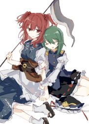 2girls black_hat black_skirt blue_dress blue_vest closed_eyes closed_mouth coin dress green_hair hair_bobbles hair_ornament hat highres holding holding_scythe juliet_sleeves long_sleeves looking_at_viewer medium_hair multiple_girls obi onozuka_komachi open_mouth puffy_sleeves red_eyes red_hair ribbon-trimmed_skirt ribbon_trim sash scythe shiki_eiki short_sleeves simple_background sitting skirt smile touhou two_side_up unworn_hat unworn_headwear vest white_background wusem0108 