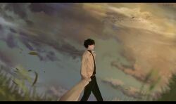  1boy absurdres black_hair black_shirt blurry blurry_foreground coat collared_shirt day depth_of_field faceless facing_to_the_side grass hands_in_pockets highres kim_dokja letterboxed male_focus omniscient_reader&#039;s_viewpoint open_clothes open_coat outdoors shirt short_hair solo walking white_coat yu_shiro_ki 