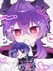  2boys belt black_belt black_bridal_gauntlets black_collar black_sandals black_shorts blue_cape blue_sleeves blunt_ends blush bridal_gauntlets bright_pupils cape character_name closed_mouth collar diamond-shaped_pupils diamond_(shape) dragon_horns feathers finger_to_cheek genshin_impact gloves hair_between_eyes hakama hakama_shorts heart highres horns japanese_clothes leg_warmers looking_at_another marin_kirari mini_durin_(genshin_impact) mini_durin_(human)_(genshin_impact) mini_person miniboy multiple_boys one_eye_closed open_mouth pleated_shorts purple_hair purple_horns purple_rope purple_sash red_eyes rope sandals sash scaramouche_(genshin_impact) shorts spoken_heart sweatdrop symbol-shaped_pupils violet_eyes wanderer_(genshin_impact) white_background white_collar white_gloves white_leg_warmers white_pupils wispy_bangs yellow_feathers zouri 