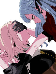  2girls absurdres bang_dream! bang_dream!_it&#039;s_mygo!!!!! black_hair black_ribbon blonde_hair blue_hair brown_corset commentary corset covering_another&#039;s_eyes doloris_(bang_dream!) earrings gloves grey_gloves hair_ribbon hashtag-only_commentary highres holding_another&#039;s_wrist jewelry long_hair long_sleeves medium_hair miomujica misumi_uika multiple_girls oblivionis_(bang_dream!) open_mouth puffy_short_sleeves puffy_sleeves red_shirt ribbon shirt short_sleeves sidelocks simple_background togawa_sakiko white_background yellow_eyes yuri 