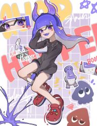  1girl :d absurdres autobomb_(splatoon) black_shirt black_shorts border chu_u0spl dolphin_shorts eyelashes facial_mark fake_horns floating_hair grid_background highres horns inkling inkling_girl inkling_player_character long_hair long_sleeves looking_at_viewer outside_border pointy_ears purple_background purple_hair purple_trim red_sandals sandals shirt shorts smile solo splatoon_(series) splatoon_3 star_(symbol) star_facial_mark teeth tentacle_hair tetra_dualies_(splatoon) upper_teeth_only violet_eyes white_border 