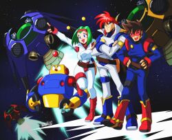  1girl 2boys brown_hair buster_(radiant_silvergun) creator crossed_arms danmakuman dated english_commentary fake_antennae fanny_pack full_body green_hair guy_(radiant_silvergun) hairband hand_on_another&#039;s_arm hands_on_own_hips highres leg_up lineup looking_ahead mecha_pilot_suit mixed-language_commentary multiple_boys one_eye_closed outstretched_arm pointing popped_collar radiant_silvergun reanna red_hair red_hairband robot rocket signature silvergun_(ship) smile space spacecraft spiky_hair standing standing_on_one_leg star_(sky) translation_request 