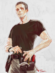  1boy belt belt_pouch black_hair black_shirt ctkcave facial_hair goatee grey_pants hammer holding holding_screwdriver looking_to_the_side male_focus mature_male muscular muscular_male original pants pouch screw_in_mouth screwdriver shirt short_hair simple_background solo spiky_hair tools utility_belt watch watch white_background white_eyes 