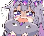  1girl :&gt; close-up crying crying_with_eyes_open face_jewel gem hair_flaps hand_jewel highres hololive hololive_english hugging_object koseki_bijou kukie-nyan long_hair open_mouth pebble_(koseki_bijou) purple_hair shaded_face sidelocks simple_background solo tears teeth tiara trembling upper_teeth_only violet_eyes white_background 