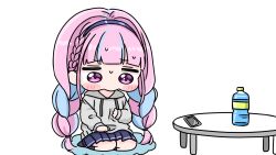  1girl blue_hair blue_skirt bottle braid cellphone chibi commentary_request drawstring grey_hoodie hairband highres hololive hood hood_down hoodie long_hair long_sleeves low_twintails minato_aqua mochimiko multicolored_hair phone pink_hair pleated_skirt puffy_long_sleeves puffy_sleeves purple_hairband seiza simple_background sitting skirt solo table trembling twin_braids twintails two-tone_hair very_long_hair violet_eyes virtual_youtuber water water_bottle white_background yurie_mouth 