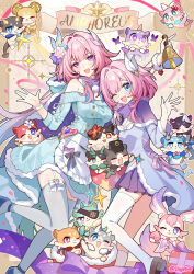 2girls absurdres aglaea_(honkai:_star_rail) alternate_costume anaxa_(honkai:_star_rail) bare_shoulders blue_dress blue_eyes castorice_(honkai:_star_rail) cerydra_(honkai:_star_rail) chimera chrysos_heirs_(honkai:_star_rail) cipher_(honkai:_star_rail) cyrene_(aedes_elysiae)_(honkai:_star_rail) cyrene_(honkai:_star_rail) cyrene_(ripples_of_past_reverie)_(honkai:_star_rail) dan_heng_(honkai:_star_rail) dan_heng_(permansor_terrae)_(honkai:_star_rail) dress dual_persona evernight_(honkai:_star_rail) flower garter_straps gou_lianlian_dogface grey_thighhighs hair_flower hair_ornament hand_up highres honkai:_star_rail honkai_(series) hyacine_(honkai:_star_rail) hysilens_(honkai:_star_rail) long_hair long_sleeves march_7th_(honkai:_star_rail) medium_hair mem_(honkai:_star_rail) multiple_girls mydei_(honkai:_star_rail) open_mouth phainon_(honkai:_star_rail) pink_hair shoes skirt smile symbol-shaped_pupils thigh-highs trailblazer_(honkai:_star_rail) tribbie_(honkai:_star_rail) very_long_hair violet_eyes white_garter_straps white_thighhighs 