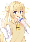  1girl :d absurdres blonde_hair blue_eyes blunt_ends blush bottle collared_shirt colored_eyelashes commentary_request crossed_bangs double_bun eyelashes eyes_visible_through_hair hair_between_eyes hair_bun hand_up happy highres holding holding_bottle long_hair long_sleeves looking_at_viewer music musical_note neckerchief niki_7801700 open_mouth photoshop_(medium) school_uniform shirayuki_noa shirt sidelocks simple_background singing smile solo straight_hair sweater_vest tenshi_souzou_re-boot! twintails upper_body very_long_hair white_background white_shirt wing_hair_ornament yellow_neckerchief yellow_sweater_vest 