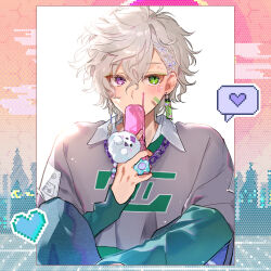  1boy absurdres blush border cellphone cellphone_charm character_charm charm_(object) commentary_request covering_own_mouth earrings flip_phone green_eyes green_shirt green_sleeves grey_hair grey_shirt heart heterochromia highres holding holding_phone jewelry long_sleeves looking_at_viewer male_focus matochi_(fa) messy_hair murakumo_kagetsu necklace nijisanji orange_sky phone pixelated shirt short_hair short_sleeves single_earring sky solo spoken_heart tree upper_body violet_eyes virtual_youtuber watakumo_(murakumo_kagetsu) 