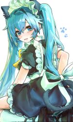  1girl alternate_costume animal_ears between_legs black_dress black_shoes blue_eyes blue_hair commentary double-parted_bangs dress fang frilled_dress frills from_behind hair_between_eyes hair_intakes hand_between_legs hatsune_miku highres long_hair looking_back maid maid_headdress open_mouth paw_print puffy_sleeves seiza shoes short_sleeves sidelocks simple_background sitting socks solo tail translated twintails vocaloid white_background white_socks yuuri_(0914yuuri_k) 