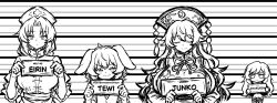  4girls animal_ears arianne20131 breasts character_doll character_name closed_eyes doll english_text evil_eyes evil_smile facing_viewer frills fumo_(doll) greyscale hat highres hijiri_byakuren huge_breasts inaba_tewi jitome junko_(touhou) long_hair long_sleeves looking_at_viewer monochrome mugshot multiple_girls neck_ribbon nurse_cap rabbit_ears ribbon sign smile tabard touhou upper_body very_long_hair yagokoro_eirin 