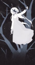  1girl branch candy crack dress faceless faceless_female food full_body greyscale highres holding holding_candy holding_food holding_lollipop lapis_(project_moon) leviathan_(project_moon) lollipop low_twintails monochrome open_mouth project_moon smile solo standing_on_branch sweater tree twintails yesheng_zong_ren 