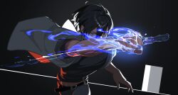  1girl belt black_belt black_hair black_shirt blue_fire denim fire grey_jacket highres holding holding_sword holding_weapon invisible_object izsly jacket jeans open_door original pants shirt sword weapon 