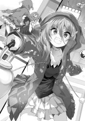  1boy 1girl :3 ^^^ animal_hood blush breasts ceiling choker clenched_teeth collarbone fang flipped_hair frilled_skirt frills full-face_blush furukawa_nanoka greyscale hair_between_eyes hair_ornament hair_over_one_eye highres holding holding_kettle hood hood_up indoors kettle latimeriya_(nanoka_no_kuigami) long_bangs long_hair long_sleeves looking_at_viewer medium_breasts miniskirt monochrome motion_blur motion_lines multiple_views nanoka_no_kuigami nauribon non-web_source novel_illustration official_art outstretched_arms pleated_skirt shirt sitting skirt standing sweat teeth thigh-highs thighs triangle_mouth v-shaped_eyebrows water 