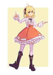  1girl absurdres ahoge anisphia_wynn_palettia black_bow black_ribbon blonde_hair boots border bow closed_mouth frilled_skirt frilled_sleeves frills full_body green_eyes hair_ribbon high-waist_skirt highres index_finger_raised jacket knee_boots long_sleeves looking_at_viewer medium_hair neck_ribbon open_clothes open_jacket orange_skirt ribbon rnna shirt skirt smile solo standing standing_on_one_leg tensei_oujo_to_tensai_reijou_no_mahou_kakumei thigh-highs two-tone_background white_border white_jacket white_shirt white_thighhighs yellow_background zettai_ryouiki 