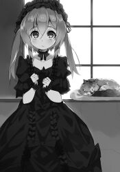  1girl animal bow breasts cat character_request choker clenched_hands closed_mouth dress frilled_dress frills gothic_lolita hair_between_eyes hands_up headdress highres indoors lips lolita_fashion long_dress long_hair looking_at_viewer nanoka_no_kuigami nauribon non-web_source novel_illustration official_art puffy_short_sleeves puffy_sleeves ribbon_choker scrunchie short_sleeves sidelocks small_breasts standing tareme twintails window wrist_scrunchie 